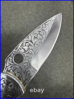 Custom Handmade D2 Steel Hand Engraved pocket (Folding) knife with Sheath