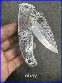 Custom Handmade D2 Steel Hand Engraved pocket (Folding) knife with Sheath