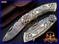 Custom Handmade Damascus Folding Knife Scrimshaw Art Knife Camel Bone Handle