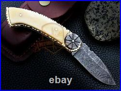 Custom Handmade Damascus Folding Knife Scrimshaw Art Knife Camel Bone Handle