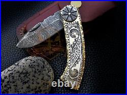 Custom Handmade Damascus Folding Knife Scrimshaw Art Knife Camel Bone Handle