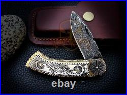 Custom Handmade Damascus Folding Knife Scrimshaw Art Knife Camel Bone Handle