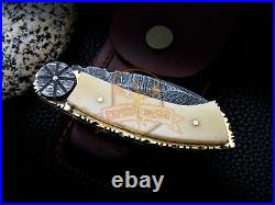 Custom Handmade Damascus Folding Knife Scrimshaw Art Knife Camel Bone Handle