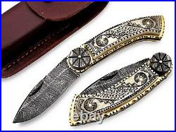 Custom Handmade Damascus Folding Knife Scrimshaw Art Knife Camel Bone Handle