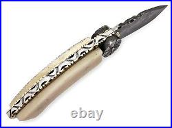 Custom Handmade Damascus Folding Knife Scrimshaw Art Knife Camel Bone Handle