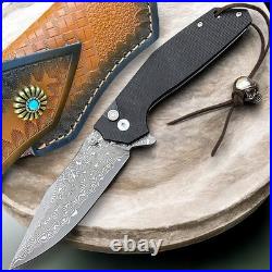 Custom Handmade Damascus Steel Folding Knife With G10 Handle & Leather Sheath