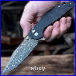 Custom Handmade Damascus Steel Folding Knife With G10 Handle & Leather Sheath