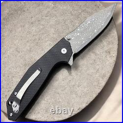 Custom Handmade Damascus Steel Folding Knife With G10 Handle & Leather Sheath