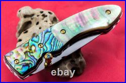 Custom Handmade Folding Knife 440c Abalone Black Pearl 24k Gold Plated Screw