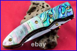 Custom Handmade Folding Knife 440c Abalone Black Pearl 24k Gold Plated Screw