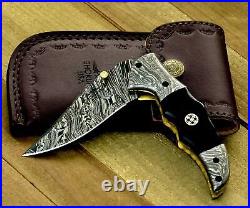 Custom Handmade Forged Damascus Steel Edc Pocket Folding Blade Knife + Sheath