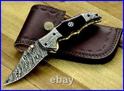 Custom Handmade Forged Damascus Steel Edc Pocket Folding Blade Knife + Sheath