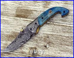 Custom Handmade Forged Damascus Steel Edc Pocket Folding Blade Knife + Sheath