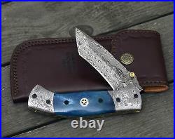 Custom Handmade Forged Damascus Steel Pocket Knife Edc Folding Blade + Sheath