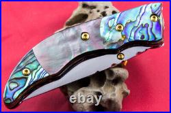 Custom Ts Handmade Folding Knife 440c Abalone Black Pearl Titanium Plated Screw