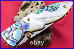 Custom Ts Handmade Folding Knife 440c Abalone White Pearl 24k Gold Screw Topaz