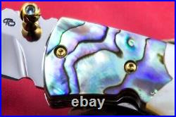 Custom Ts Handmade Folding Knife 440c Abalone White Pearl 24k Gold Screw Topaz