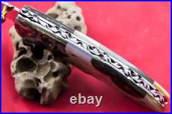 Custom Ts Handmade Folding Knife 440c Abalone White Pearl 24k Gold Screw Topaz