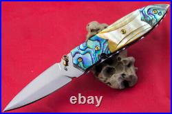 Custom Ts Handmade Folding Knife 440c Abalone Yellow Pearl Handle Titanium Screw