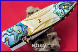 Custom Ts Handmade Folding Knife 440c Abalone Yellow Pearl Handle Titanium Screw