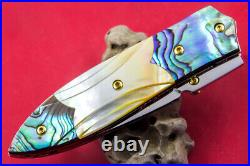 Custom Ts Handmade Folding Knife 440c Abalone Yellow Pearl Handle Titanium Screw