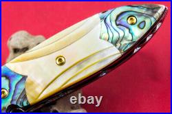 Custom Ts Handmade Folding Knife 440c Abalone Yellow Pearl Handle Titanium Screw