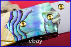 Custom Ts Handmade Folding Knife 440c Abalone Yellow Pearl Handle Titanium Screw