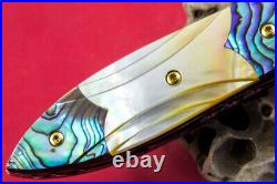 Custom Ts Handmade Folding Knife 440c Abalone Yellow Pearl Handle Titanium Screw