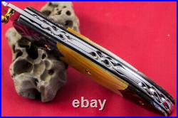 Custom Ts Handmade Folding Knife 440c Abalone Yellow Pearl Handle Titanium Screw