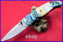 Custom Ts Handmade Folding Knife 440c Abalone Yellow Pearl Titanium Plated Screw