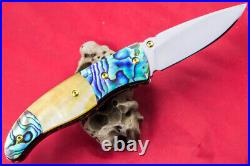 Custom Ts Handmade Folding Knife 440c Abalone Yellow Pearl Titanium Plated Screw