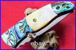 Custom Ts Handmade Folding Knife 440c Abalone Yellow Pearl Titanium Plated Screw