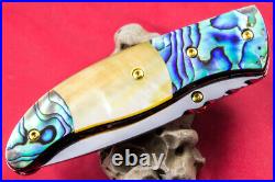 Custom Ts Handmade Folding Knife 440c Abalone Yellow Pearl Titanium Plated Screw