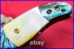 Custom Ts Handmade Folding Knife 440c Abalone Yellow Pearl Titanium Plated Screw