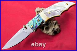 Custom Ts Handmade Folding Knife 440c Abalone Yellow White Pearl Titanium Screw