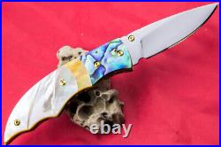 Custom Ts Handmade Folding Knife 440c Abalone Yellow White Pearl Titanium Screw