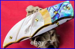 Custom Ts Handmade Folding Knife 440c Abalone Yellow White Pearl Titanium Screw