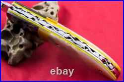 Custom Ts Handmade Folding Knife 440c Abalone Yellow White Pearl Titanium Screw