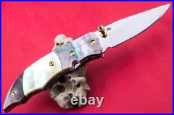 Custom Ts Handmade Folding Knife 440c Left Hand Black Yellow Pearl Titanium Gem