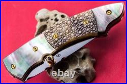 Custom Ts Handmade Folding Knife 440c Stingray Leather Black Pearl Garnet Stud
