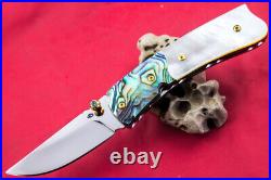 Custom Ts Handmade Folding Knife 440c White Mother Lip Pearl Abalone Topaz Stud