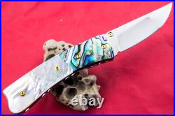 Custom Ts Handmade Folding Knife 440c White Mother Lip Pearl Abalone Topaz Stud