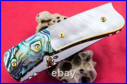 Custom Ts Handmade Folding Knife 440c White Mother Lip Pearl Abalone Topaz Stud