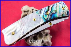 Custom Ts Handmade Folding Knife 440c White Mother Lip Pearl Abalone Topaz Stud