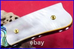 Custom Ts Handmade Folding Knife 440c White Mother Lip Pearl Abalone Topaz Stud