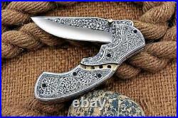 Custom handmade antique D2 steel hand engraved folding pocket knife with sheath