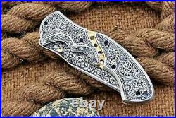 Custom handmade antique D2 steel hand engraved folding pocket knife with sheath
