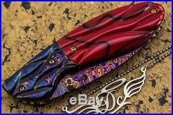 DC CUSTOM HANDMADE Folding Knife Color Damascus 24K Screw Free Leather Sheath FS