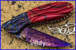 DC CUSTOM HANDMADE Folding Knife Color Damascus 24K Screw Free Leather Sheath FS