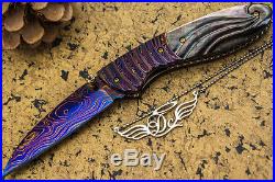 DC CUSTOM HANDMADE Folding Knife Color Damascus Black MOP 24K Screw Titanium FS